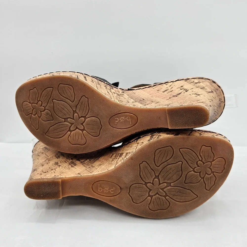 B.O.C. Black Floral T-Strap Cork Wedge Sandals Women Size 8